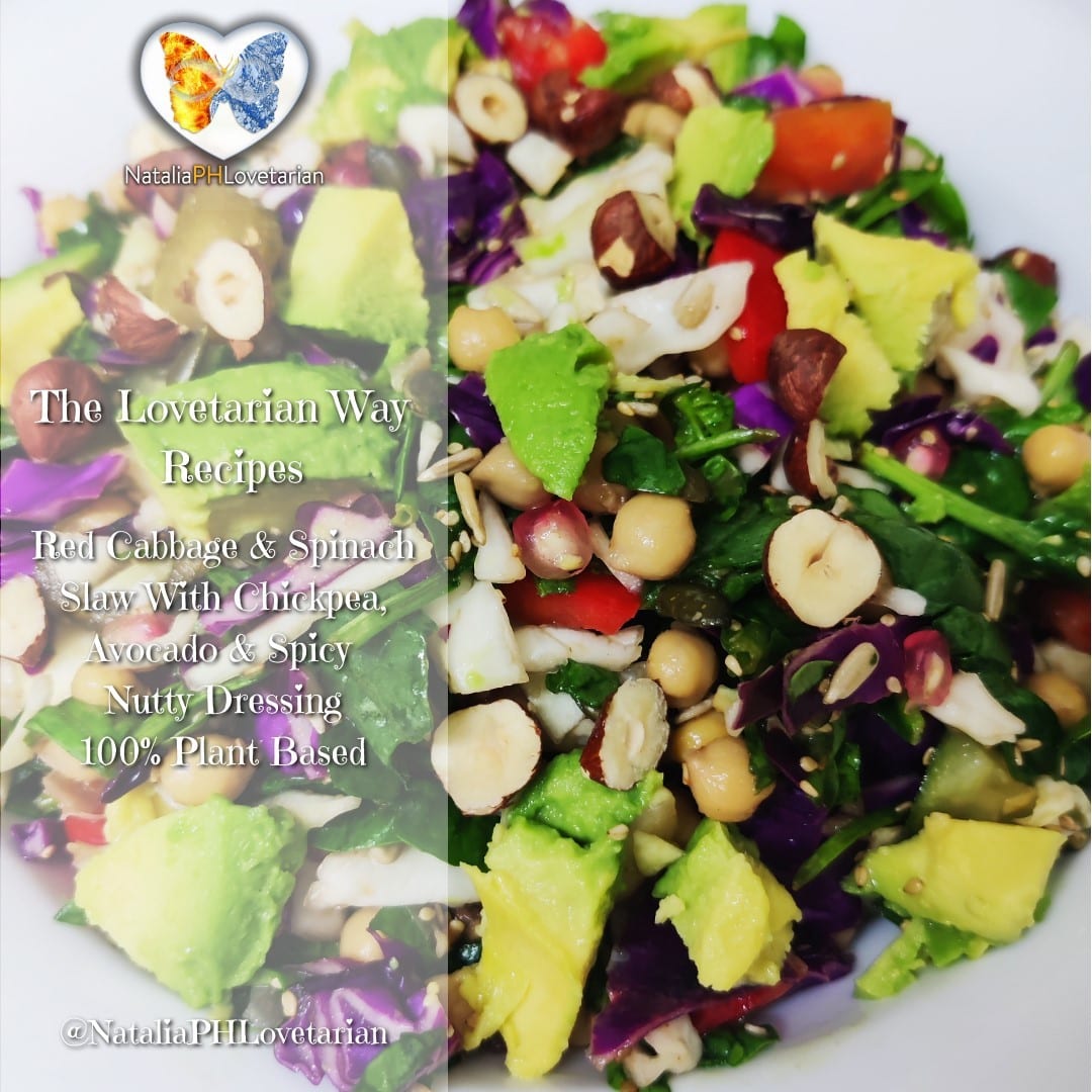 Red Cabbage & Spinach Slaw With Beans, Avocado & Spicy, Nutty Dressing