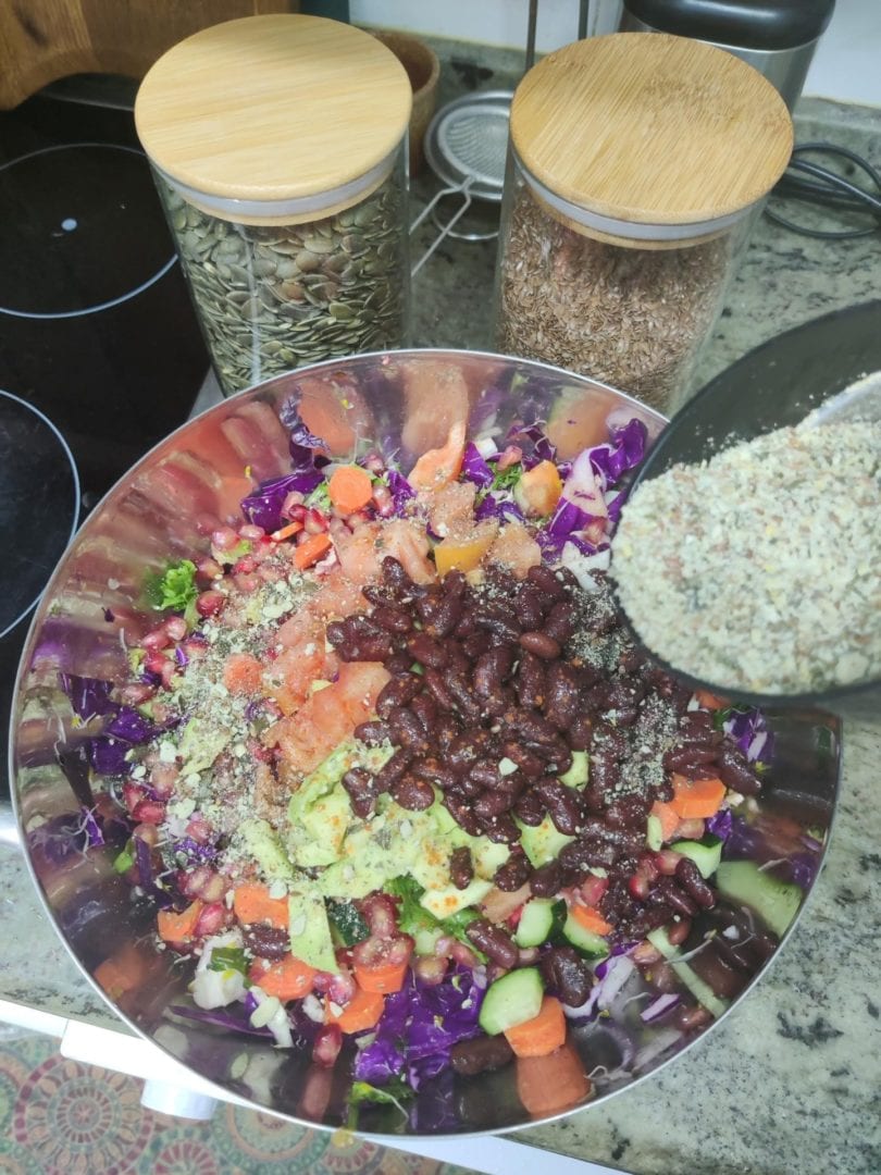 Red Cabbage & Spinach Slaw preparation